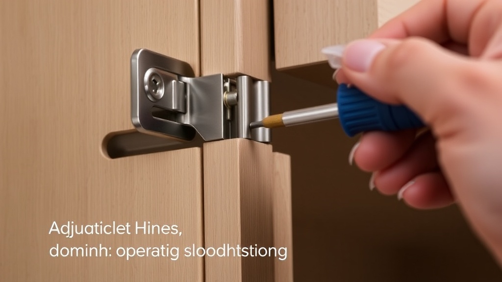 작은 드라이버를 사용하여 수납장 경첩의 댐핑 강도 조절 나사를 미세하게 회전시키는 모습