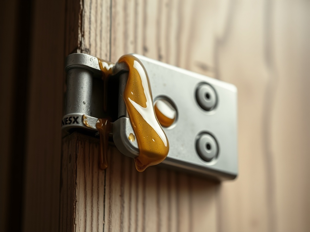 오일이 새어 나와 댐핑 기능을 상실한 노후된 경첩의 모습