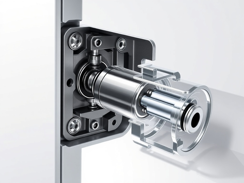 수납장 경첩 내부의 유압 실린더와 피스톤이 결합되어 충격을 흡수하는 정밀 구조도