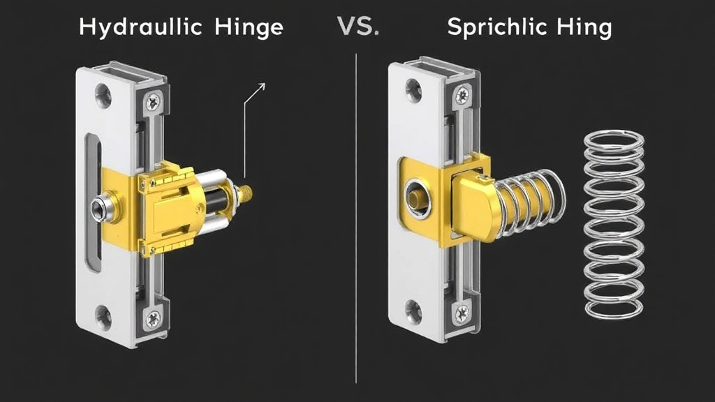 유압식 힌지와 스프링식 힌지의 내부 구조 차이를 보여주는 비교 도해 장면